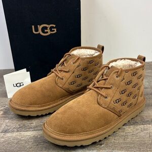UGG Neumel Embossed Logo Boots Chestnut Size 12 Shearling Lined | Box Included